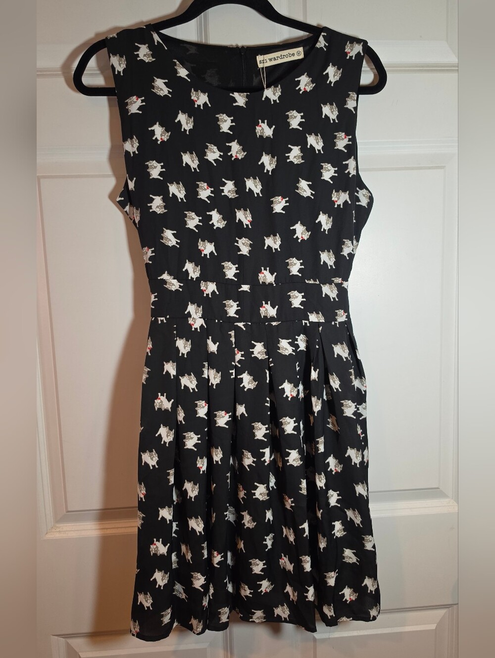 NWT SM Wardrobe Black French Bulldog Print Zip Tie Back Sleeveless Dress M